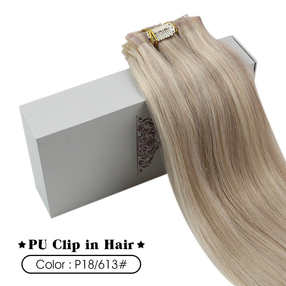 PU Seamless Clip Ins Remy Human Hair Highlight Blonde (#P18/613)