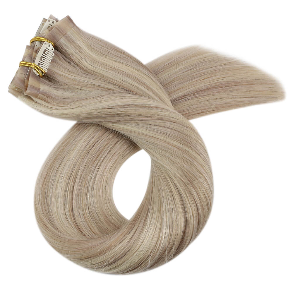 PU Seamless Clip Ins Remy Human Hair Highlight Blonde (#P18/613)
