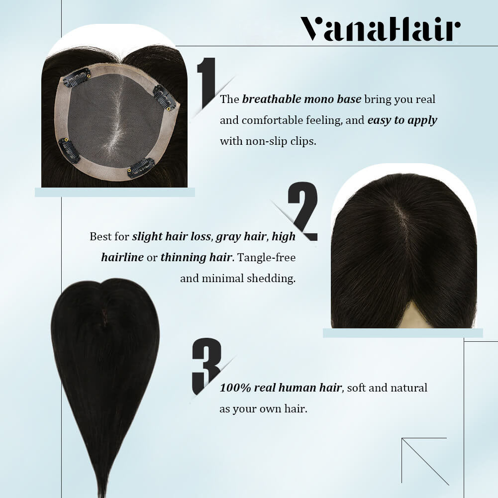 3*5inch Mono Hair Topper Remy Human Hair Natural Black (#1B)