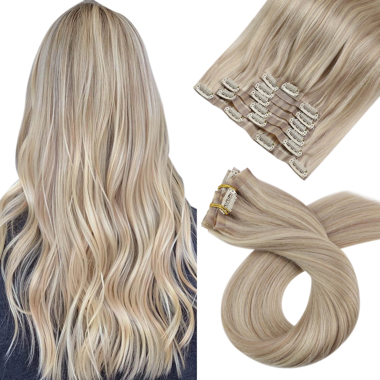PU Seamless Clip Ins Remy Human Hair Highlight Blonde (#P18/613)