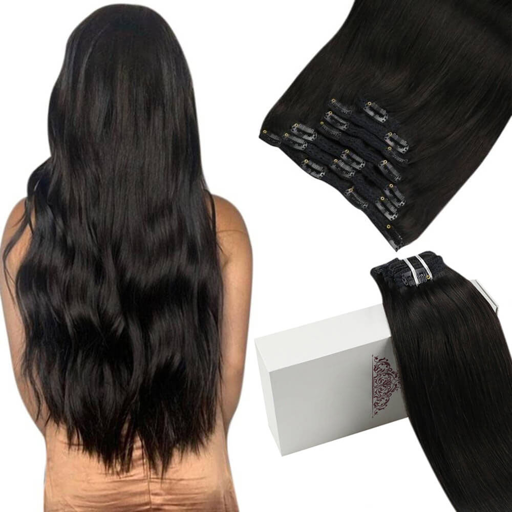 Invisible Clip In Off Black Brazilian Remy Human Hair Extension (#1B)