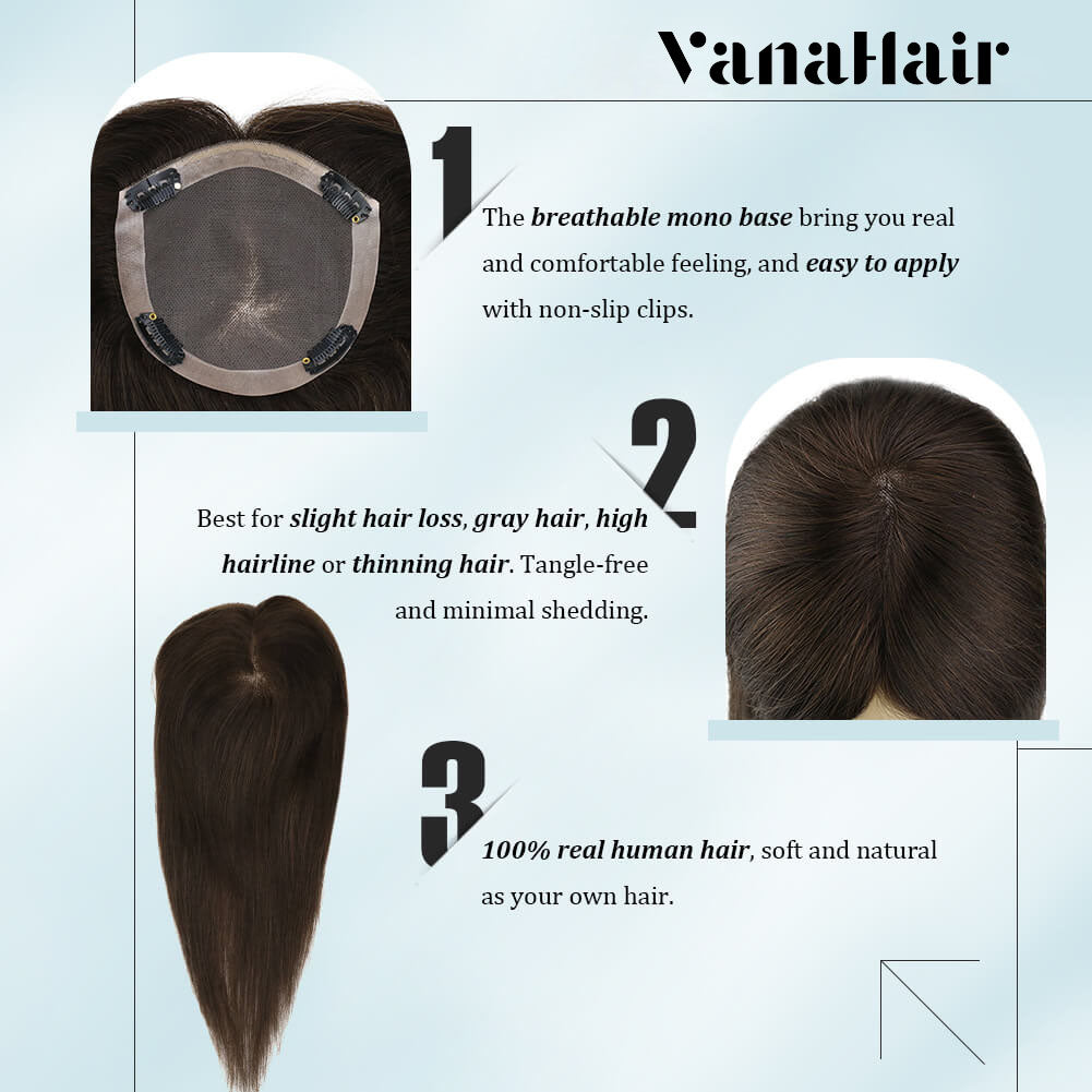 3*5inch Human Hair Topper For Women Invisible Darkest Brown (#2)