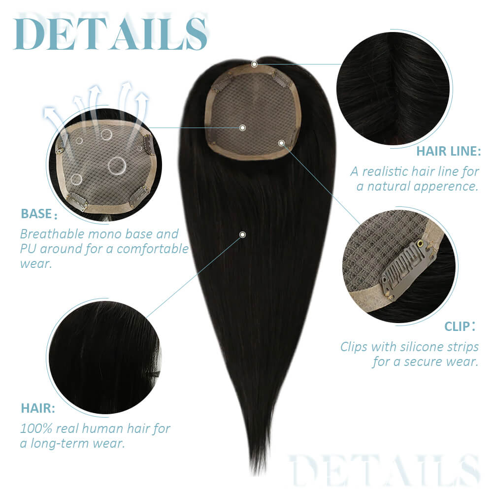 5"*5" Base Clip In Mono Topper Hairpieces Remy Human Hair Natural Black (#1B)