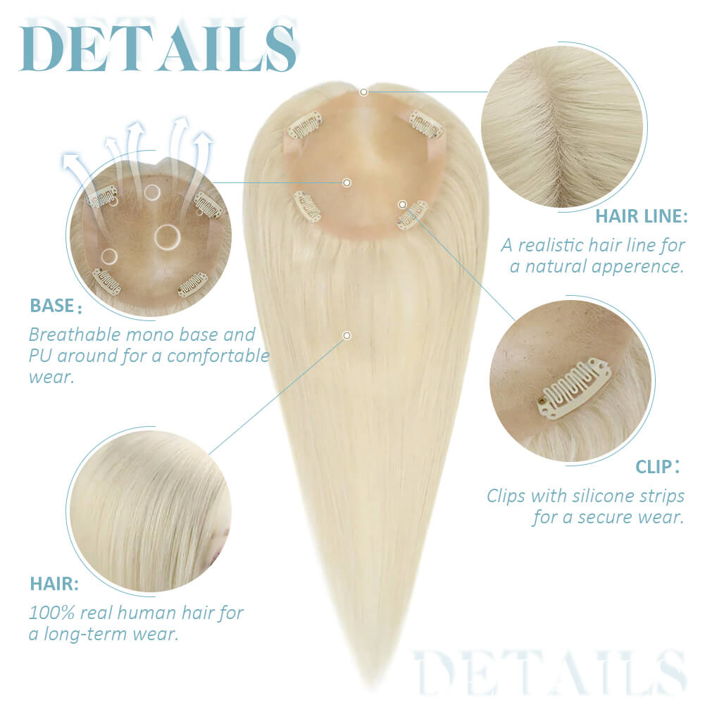 Clip In Hair Topper Real Human Hair 5"*5" Base Platinum Blonde(#60)