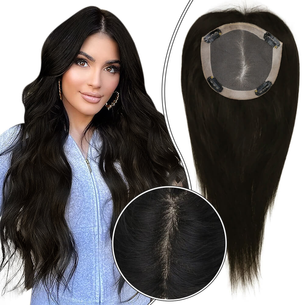 5"*5" Base Clip In Mono Topper Hairpieces Remy Human Hair Natural Black (#1B)
