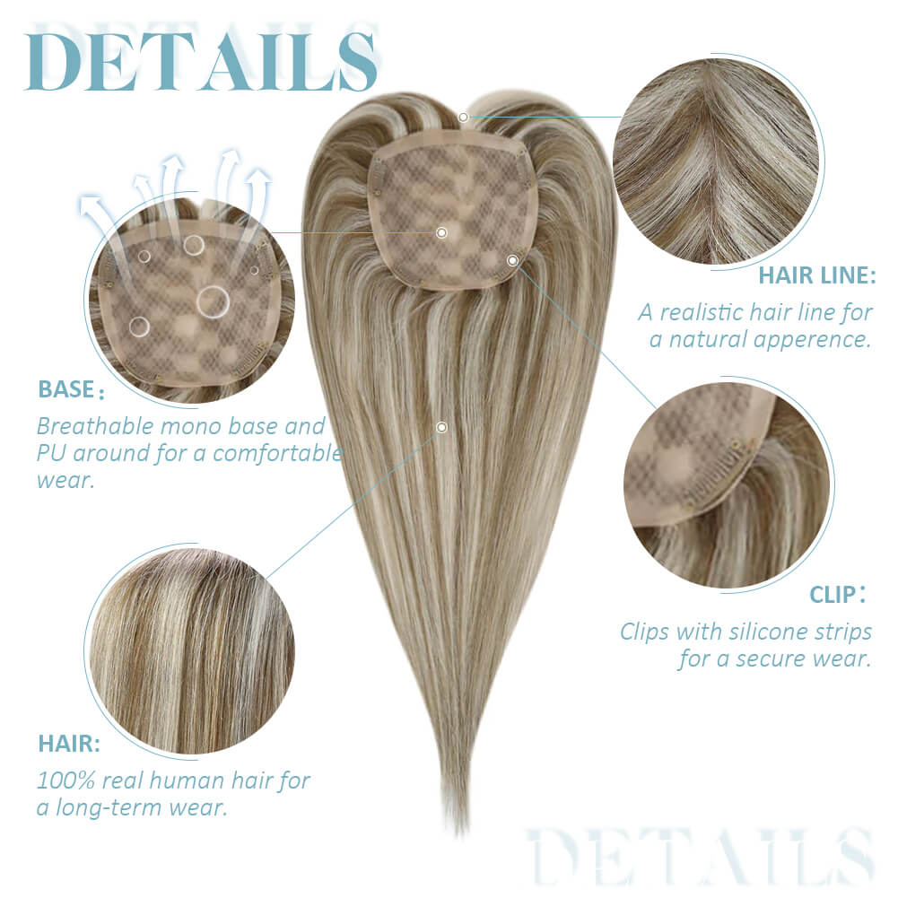 Mono Hair Topper 5"*5" Base Real Human Hair Highlight Blonde (#8P/60)