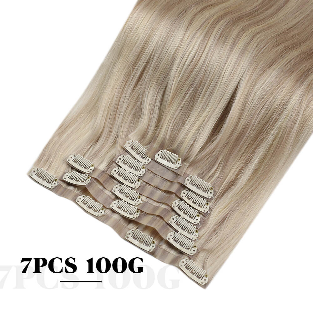 PU Seamless Clip Ins Remy Human Hair Highlight Blonde (#P18/613)