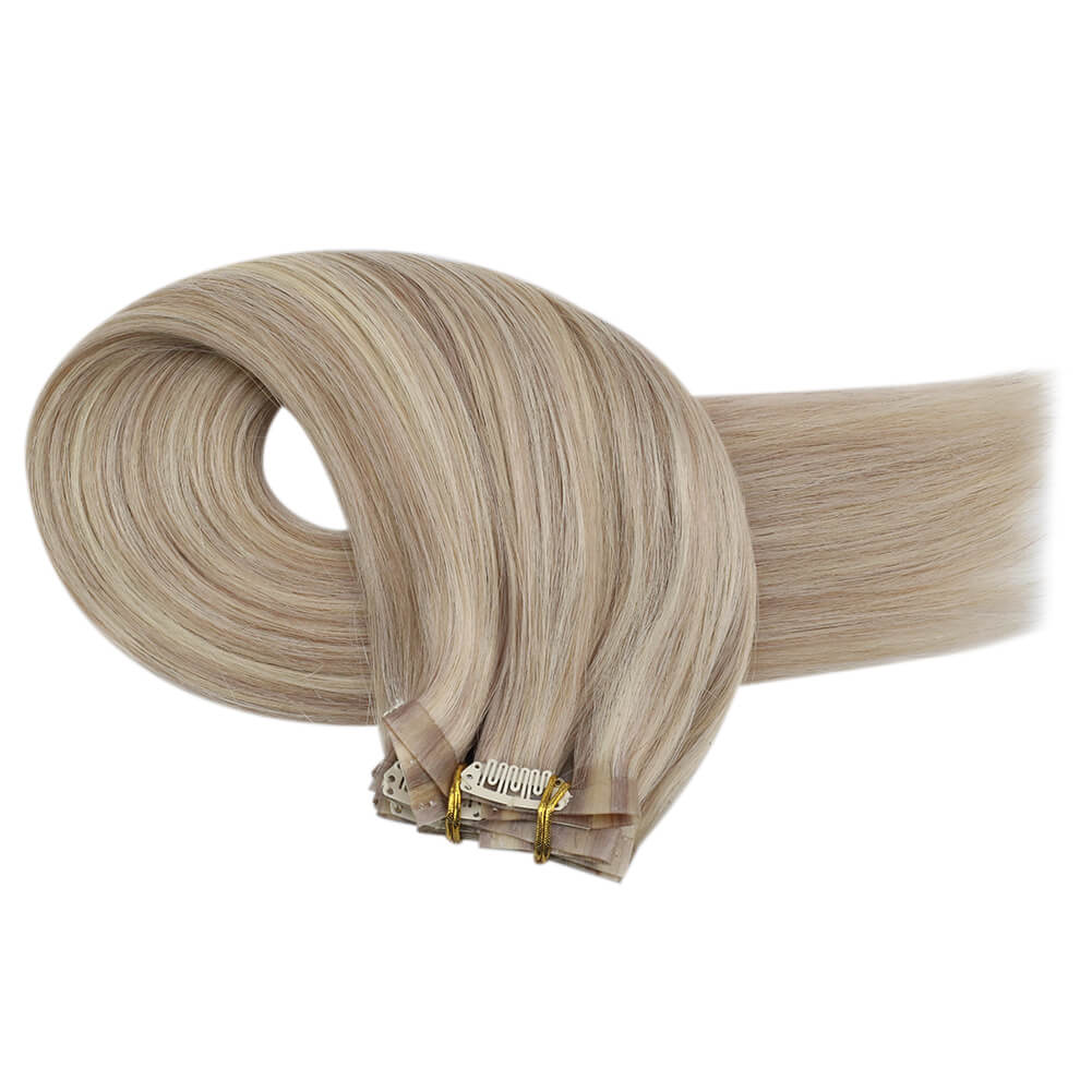 PU Seamless Clip Ins Remy Human Hair Highlight Blonde (#P18/613)