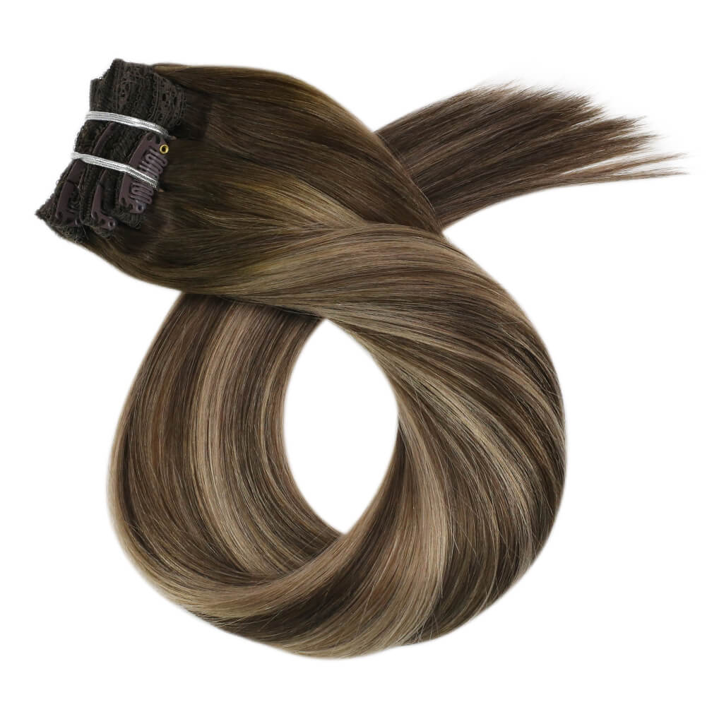 Remy Real Clip In Human hair Extensions Balayage Color (#4/27/4)