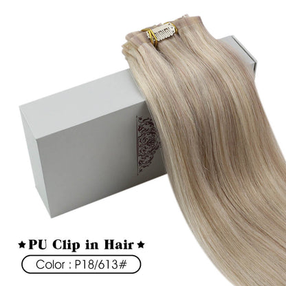PU Seamless Clip Ins Remy Human Hair Highlight Blonde (#P18/613)