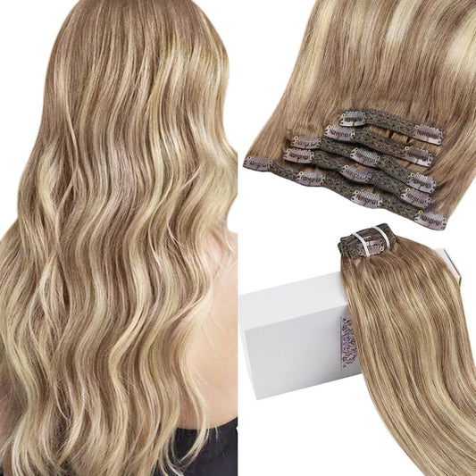 Remy Natural Clip In Human Hair Invisible Extensions Balayage blonde with brown Color(#8/22/8)