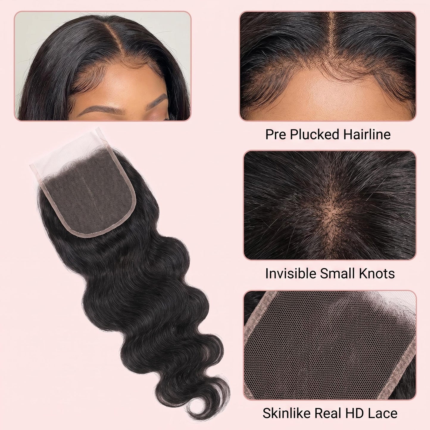 4x4 5x5 6x6 HD Body Wave Virgin Hair Lace Closure 12-20 Inch
