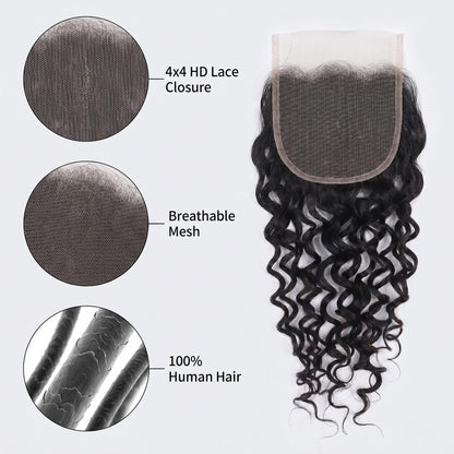 4x4  5x5 6x6 Invisible Water Wave Virgin Hair HD Lace Closure