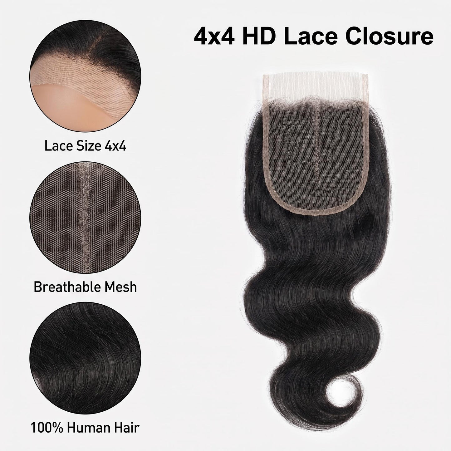 4x4 5x5 6x6 HD Body Wave Virgin Hair Lace Closure 12-20 Inch