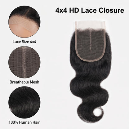 4x4 5x5 6x6 HD Body Wave Virgin Hair Lace Closure 12-20 Inch