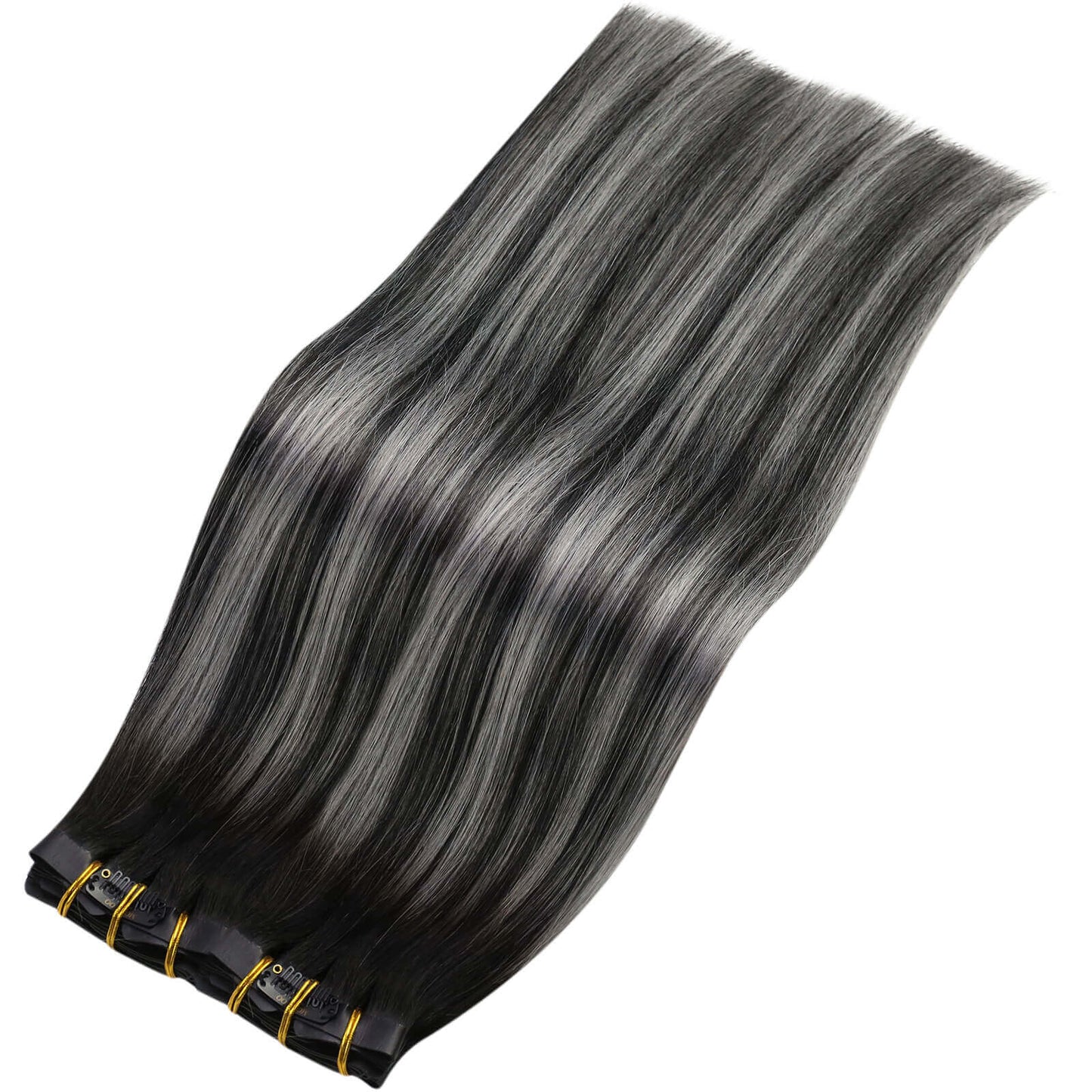 Remy Seamless PU Clip Ins Human Hair Extensions Balayage Color (#1B/Silver/1B)