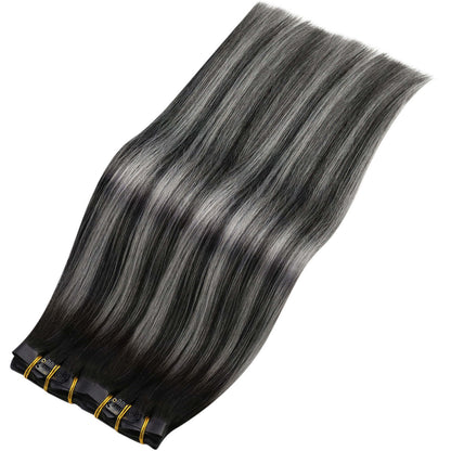 Remy Seamless PU Clip Ins Human Hair Extensions Balayage Color (#1B/Silver/1B)
