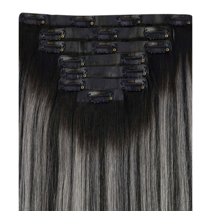 Remy Seamless PU Clip Ins Human Hair Extensions Balayage Color (#1B/Silver/1B)