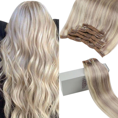 Remy Full Head Clip In Human Hair Extensions Highlight Blonde(#18/613)