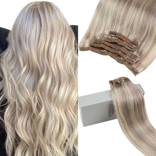 Remy Full Head Clip In Human Hair Extensions Highlight Blonde(#18/613)