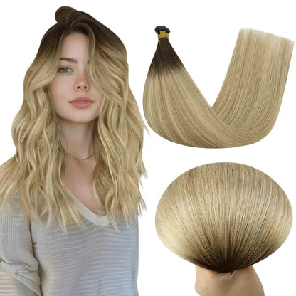 [New]Virgin Invisible Genius Weft Hair Extensions Human Hair Bundles Brown to Blonde Ombre(#2/18/22)