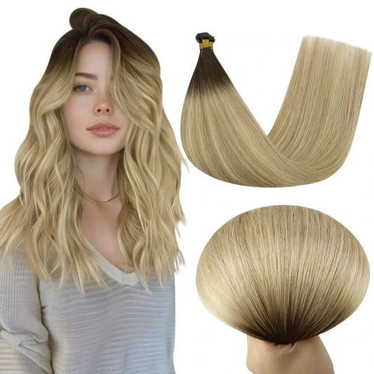[New]Virgin Invisible Genius Weft Hair Extensions Human Hair Bundles Brown to Blonde Ombre(#2/18/22)