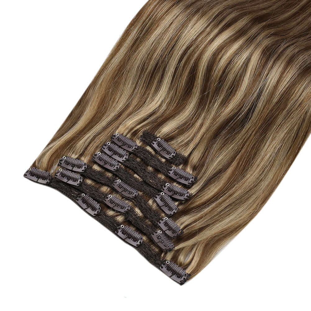 Clip in Hair Extensions Real Remy Human Straight Highlight Color (#P4/27)
