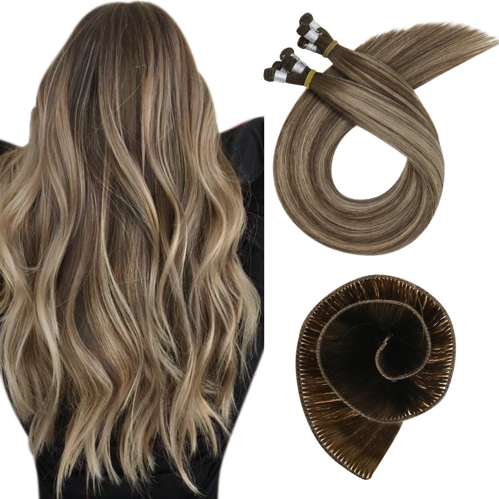 Virgin Hand Tied Real Human Sew In Weft Blonde Balayage Hair (#4/27/4)