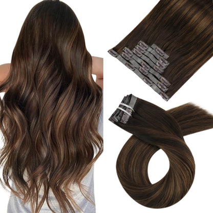 Remy PU Clip Ins Human Hair Extensions Balayage Brown(#2/6/2)