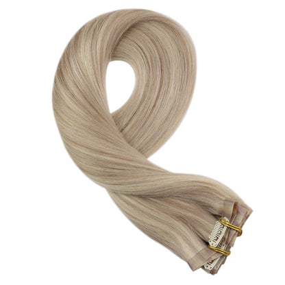 PU Seamless Clip Ins Remy Human Hair Highlight Blonde (#P18/613)