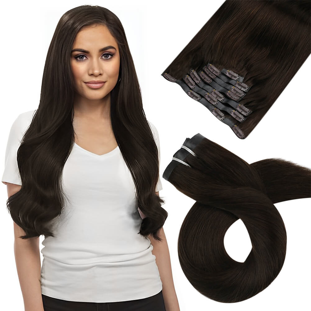 PU Seamless Clip In Hair Darkest Brown Straight Real Human Hair (#2)
