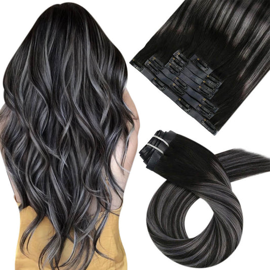 Remy Seamless PU Clip Ins Human Hair Extensions Balayage Color (#1B/Silver/1B)