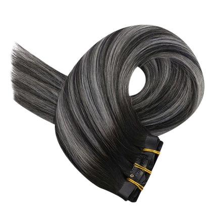 Remy Seamless PU Clip Ins Human Hair Extensions Balayage Color (#1B/Silver/1B)