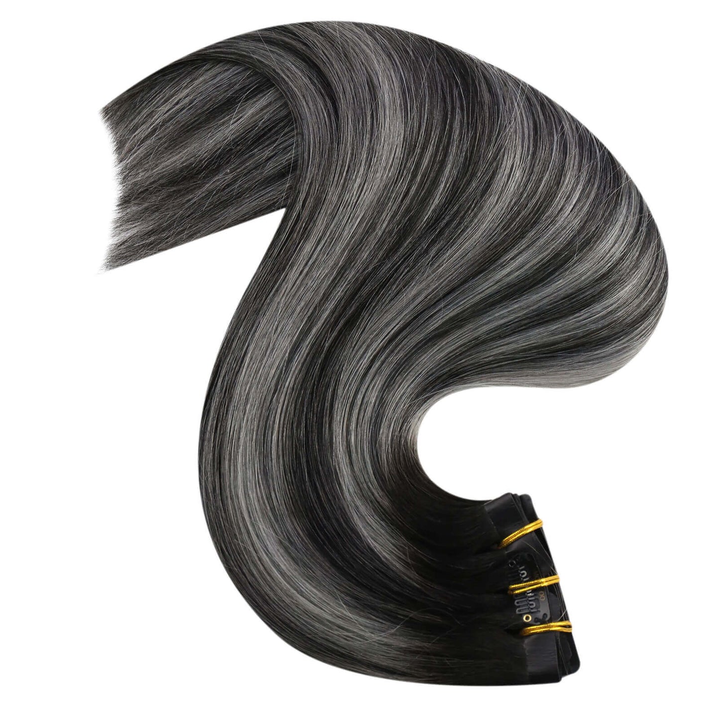 Remy Seamless PU Clip Ins Human Hair Extensions Balayage Color (#1B/Silver/1B)