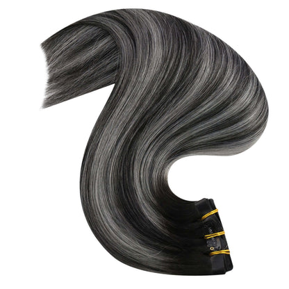 Remy Seamless PU Clip Ins Human Hair Extensions Balayage Color (#1B/Silver/1B)