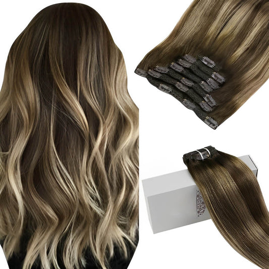 Remy Real Clip In Human hair Extensions Balayage Color (#4/27/4)