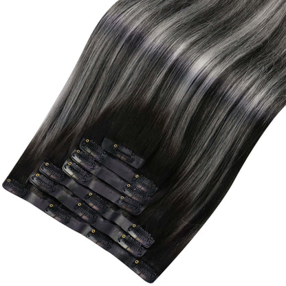 Remy Seamless PU Clip Ins Human Hair Extensions Balayage Color (#1B/Silver/1B)