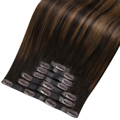 Remy PU Clip Ins Human Hair Extensions Balayage Brown(#2/6/2)