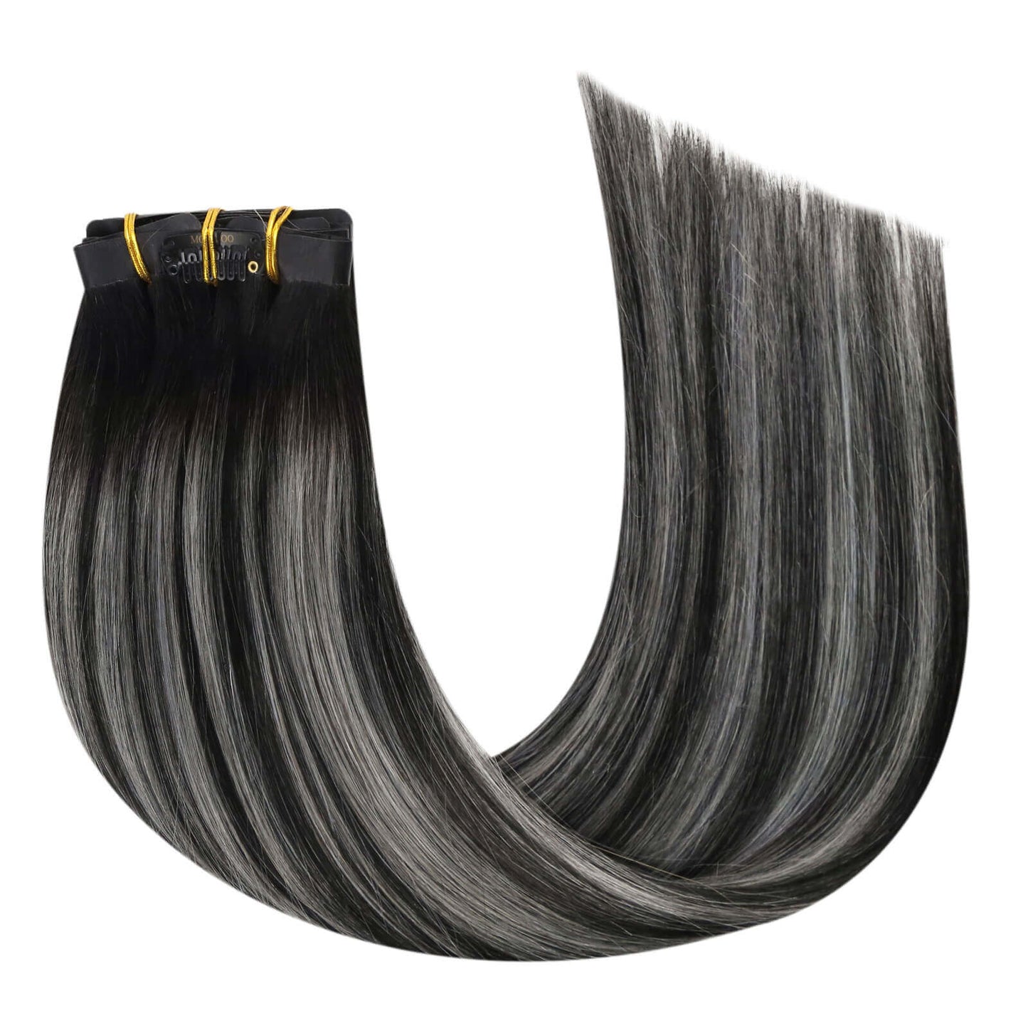 Remy Seamless PU Clip Ins Human Hair Extensions Balayage Color (#1B/Silver/1B)