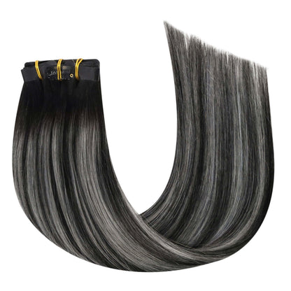 Remy Seamless PU Clip Ins Human Hair Extensions Balayage Color (#1B/Silver/1B)