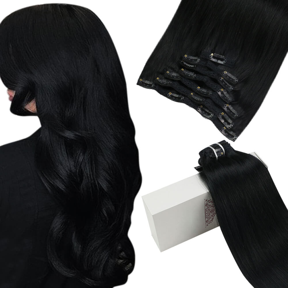 Brazilian Human Remy Clip In Double Weft Hair Extension Jet Black(#1)