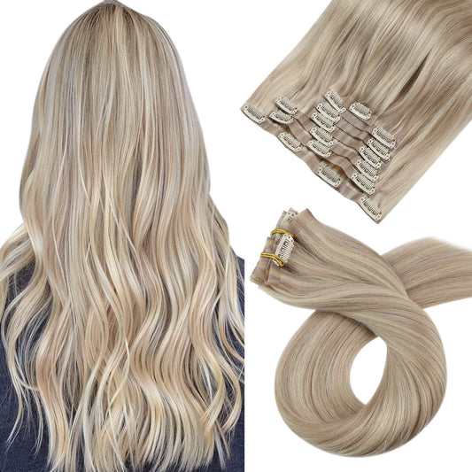 PU Seamless Clip Ins Remy Human Hair Highlight Blonde (#P18/613)