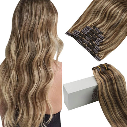 Clip in Hair Extensions Real Remy Human Straight Highlight Color (#P4/27)