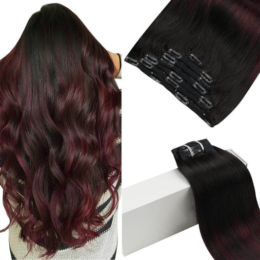 Remy Natural Clip in Full Head Human Hair Extensions Balayage Color(#1B/99J)