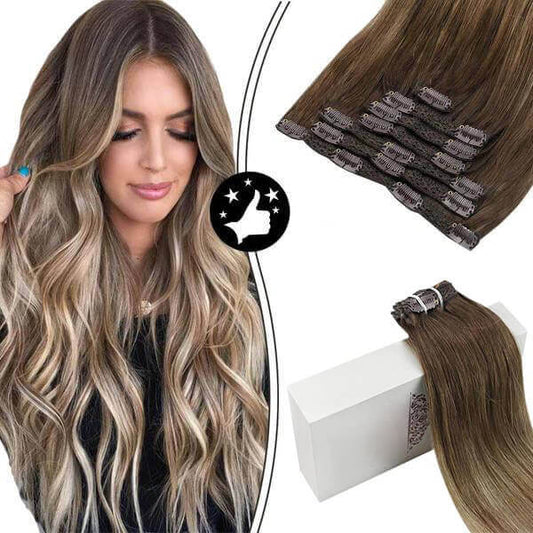 Remy Hair Clip In Real Human Hair Extensions Balayage Color (#4/10/16)