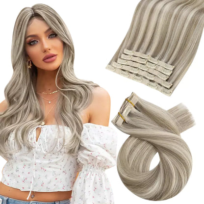 Virgin Human Hair Clip in Hair Extensions Highlight Blonde Color #P8/60