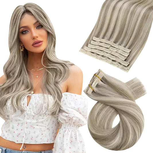 Virgin Human Hair Clip in Hair Extensions Highlight Blonde Color #P8/60
