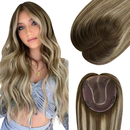 Virgin Hair Topper for Short Hair Balayage Brown Mix Blonde #4/27/4