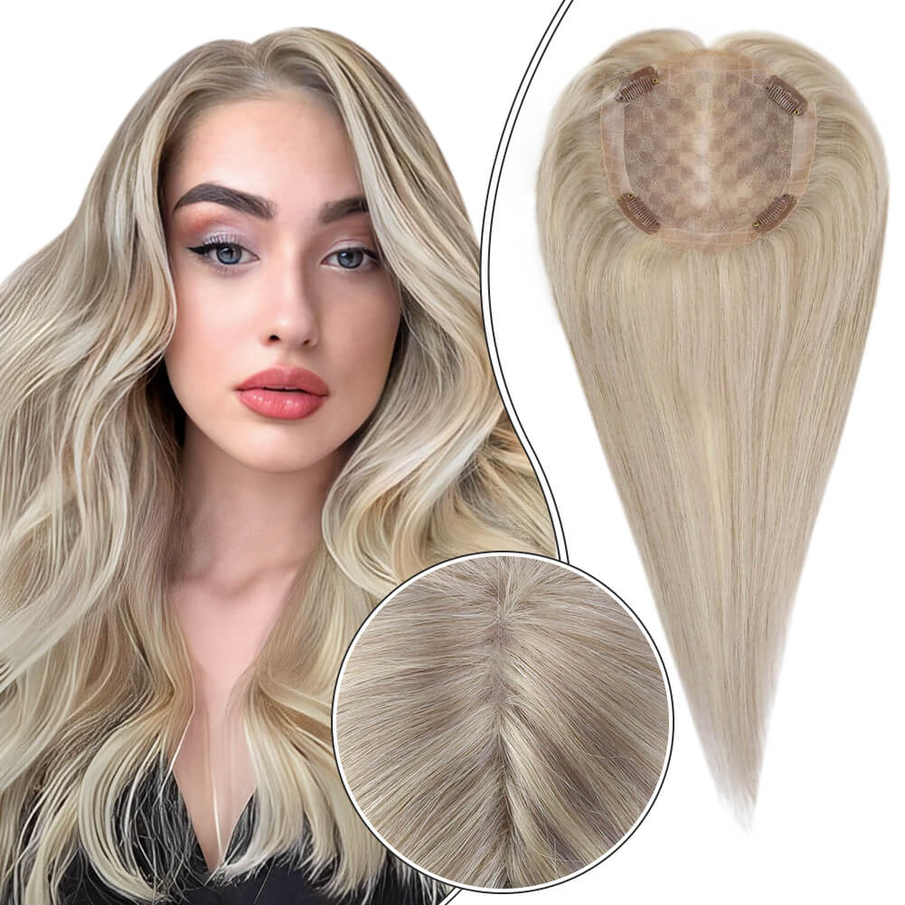 Clip In Mono Topper Hairpieces Real Human Hair 5"*5" Base Blonde Hair(#P18/613)