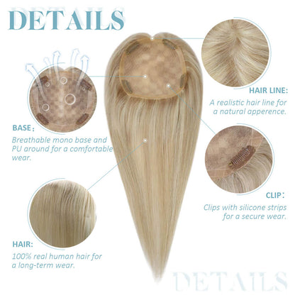Clip In Mono Topper Hairpieces Real Human Hair 5"*5" Base Blonde Hair(#P18/613)